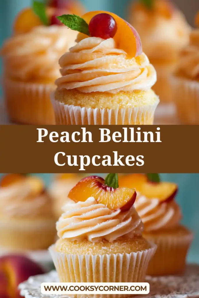 Close-up of soft peach cupcakes with smooth buttercream and sparkling sugar.