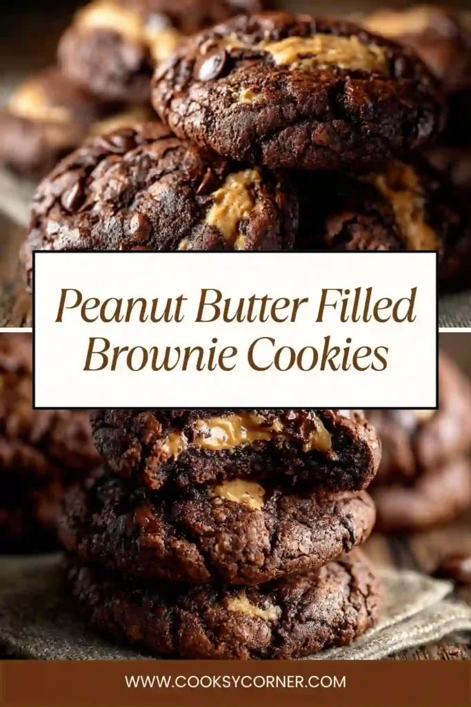 Close-up of brownie cookies showing gooey peanut butter center and moist crumb.