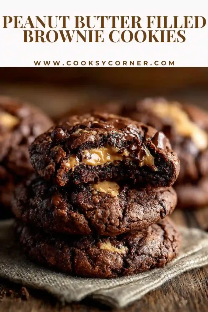 Fudgy chocolate cookies stuffed with peanut butter filling, soft and rich texture. Perfect dessert.