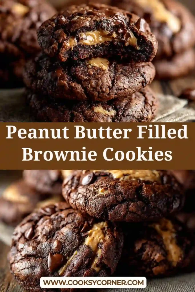 Peanut butter filled brownie cookies with cracked chocolate tops and creamy peanut butter center visible inside.