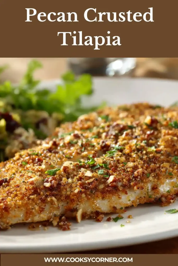 Close-up of golden pecan crusted fish garnished with parsley.