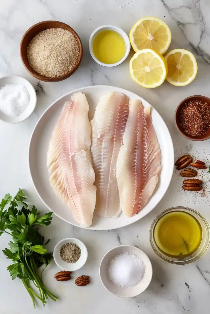 Oven baked tilapia with crunchy nut crust and lemon garnish.