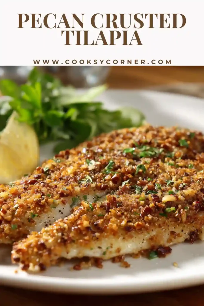 Baked pecan crusted tilapia fillets served with lemon wedges.