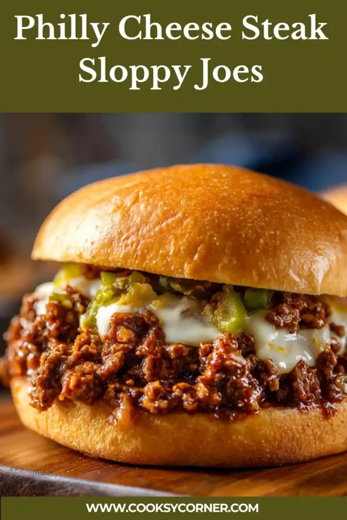 Brioche sandwich filled with philly cheesesteak sloppy joe mixture and melted cheese.