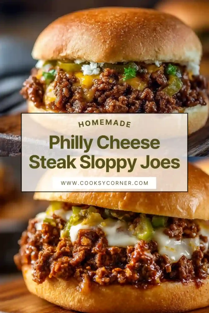 Close-up of cheesy sloppy joes filling with ground beef, mushrooms, and bell peppers in a rich sauce.