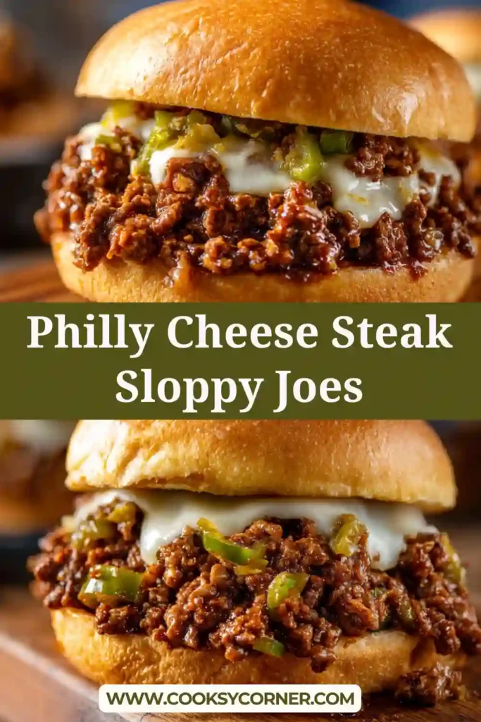 Philly cheese steak sloppy joes with melted provolone cheese served on toasted brioche buns with beef and peppers.