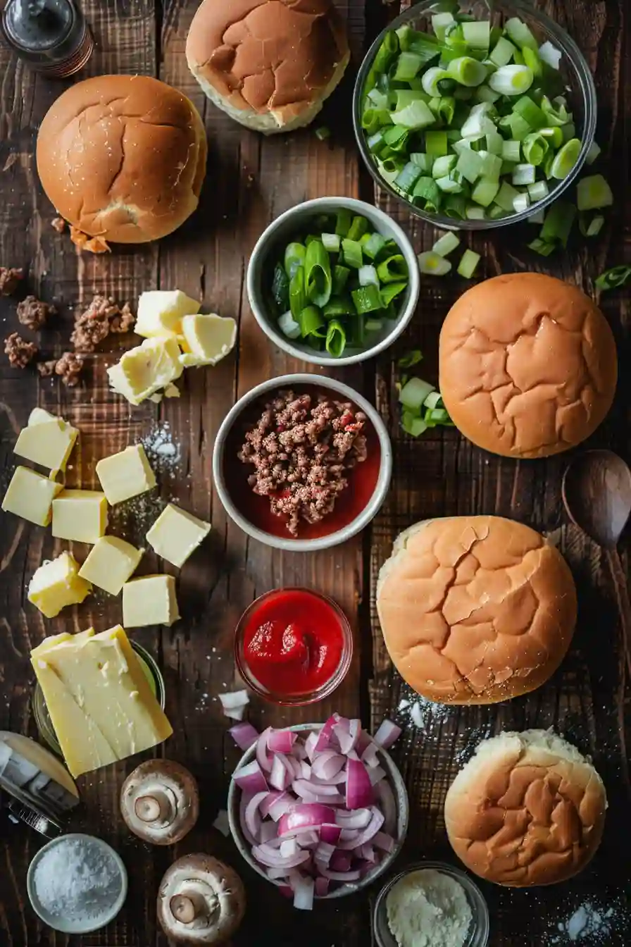 Savory sloppy joes with beef, vegetables, and gooey provolone cheese on a wooden board.