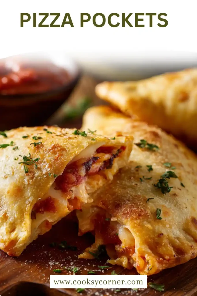 Close-up of crispy pizza pockets served with dipping pizza sauce and fresh basil garnish.