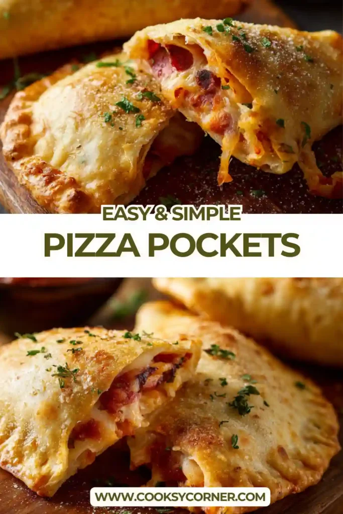 Homemade pizza pockets cut open showing gooey cheese and savory filling with olives and onions.
