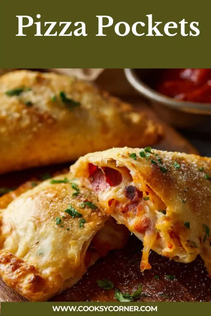 Freshly baked pizza pockets with melted cheese and halal beef pepperoni filling on a tray. Golden crust and rich pizza aroma.