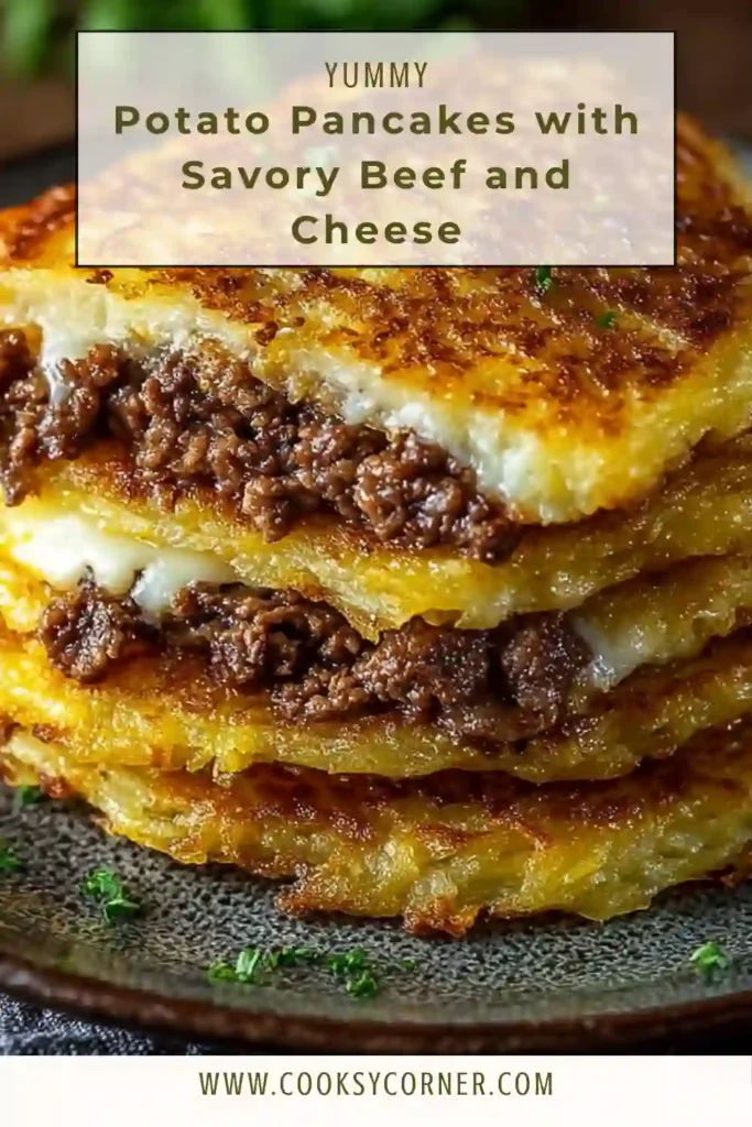 Close-up of homemade potato pancakes with beef and cheese filling showing crispy texture and melted interior.