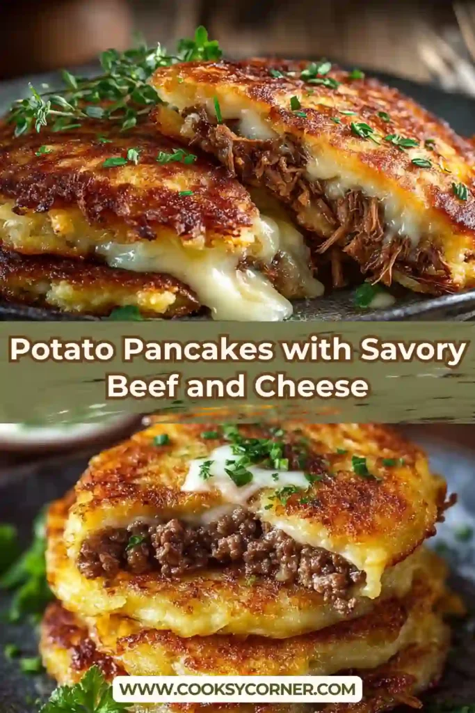 Golden brown stuffed potato pancakes filled with savory beef and gooey cheese, freshly cooked and ready to serve.