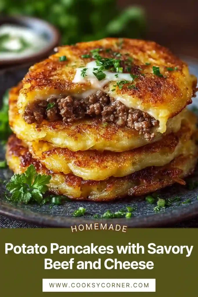 Crispy potato pancakes stuffed with seasoned beef and melted cheese served hot on a plate with parsley garnish.