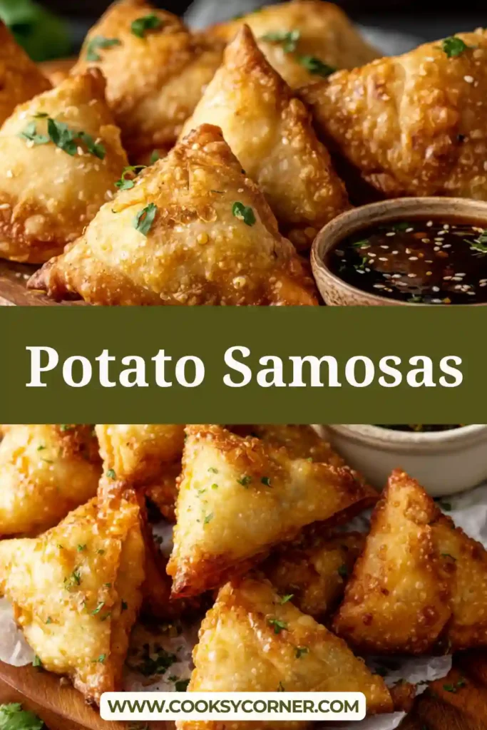 Golden crispy Potato Samosas served on a plate with fresh cilantro garnish. The flaky pastry shell reveals a flavorful spiced potato and pea filling inside.