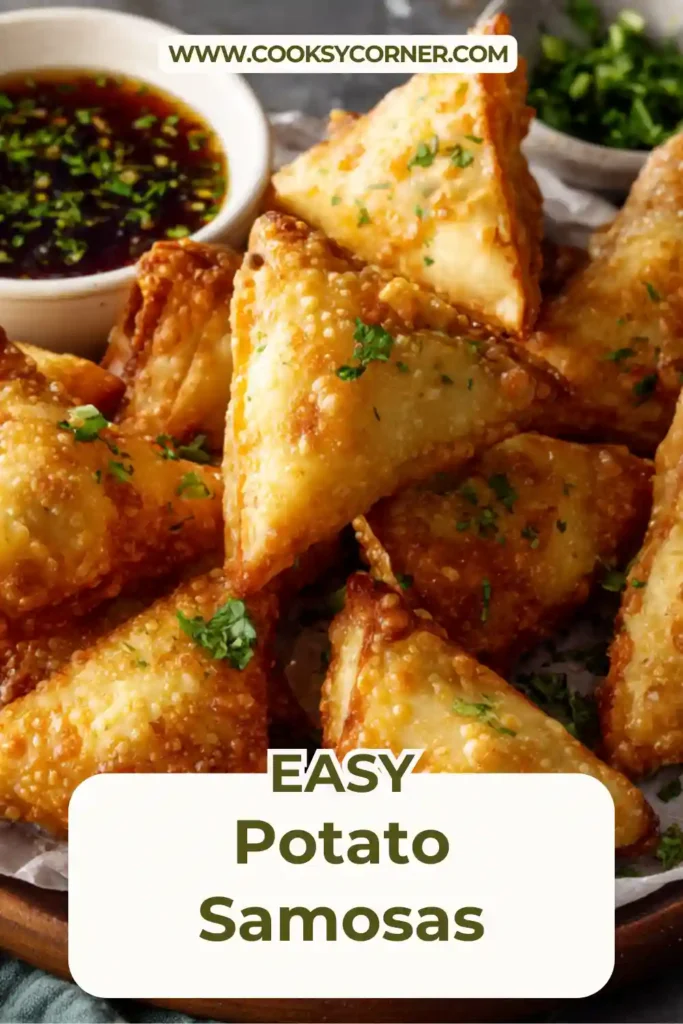 Close-up of homemade Potato Samosas with a crunchy golden crust and savory potato filling. The samosas are freshly fried and served as a traditional Indian snack.