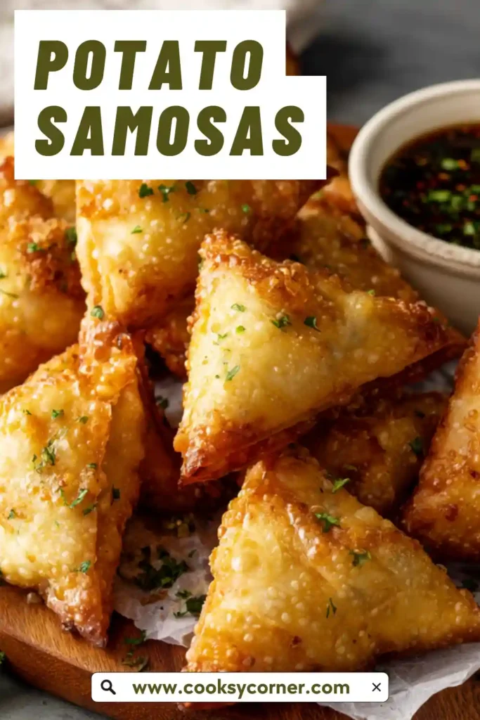 A plate of crispy Potato Samosas arranged with dipping sauces. The flaky pastry pockets are filled with spiced mashed potatoes, peas, and herbs.