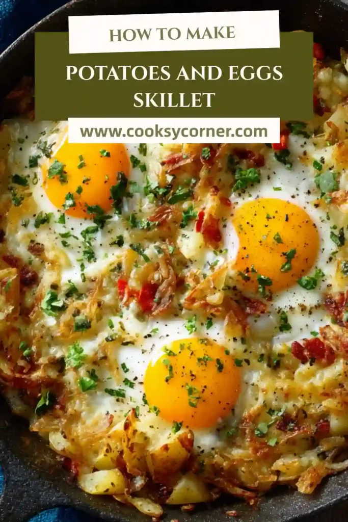 Overhead view of a potato egg skillet garnished with fresh herbs and fried onions. A flavorful Middle Eastern breakfast dish.