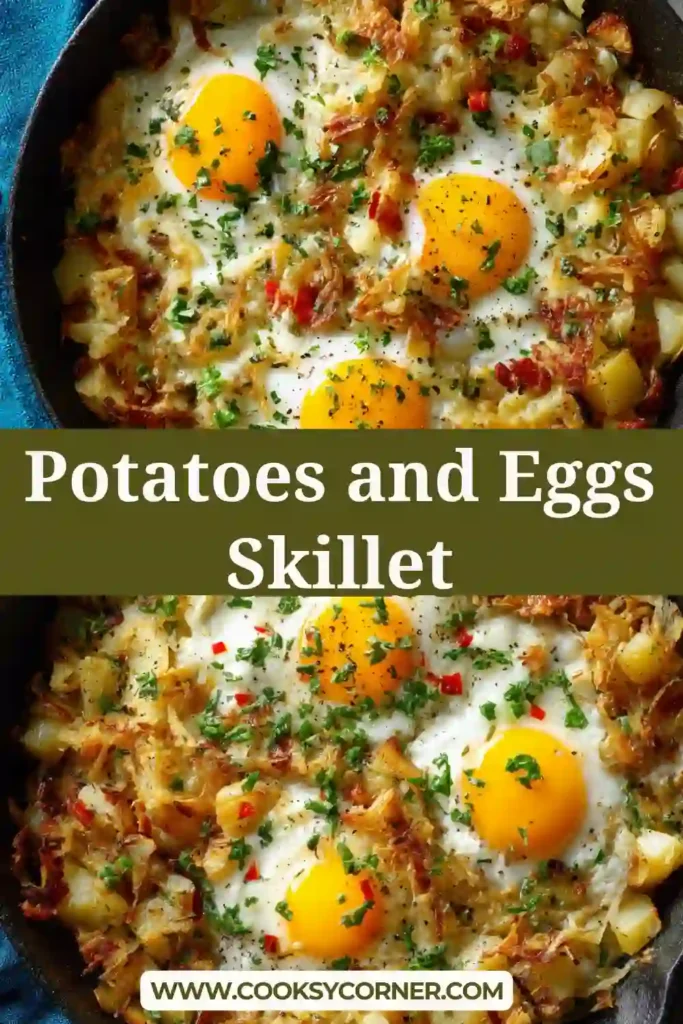 Close-up of a potatoes and eggs skillet with soft yolks and seasoned potatoes in a rustic pan. A perfect one pan breakfast idea.