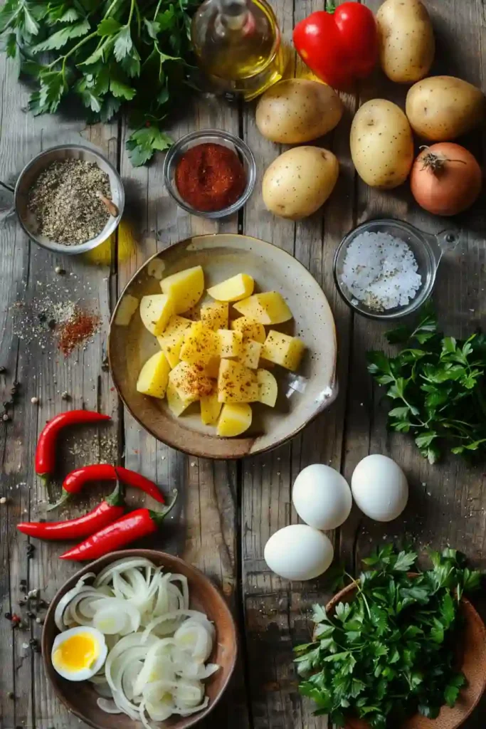 Crispy diced potatoes cooked with eggs in a skillet, topped with za’atar and sumac for a vibrant and aromatic finish.