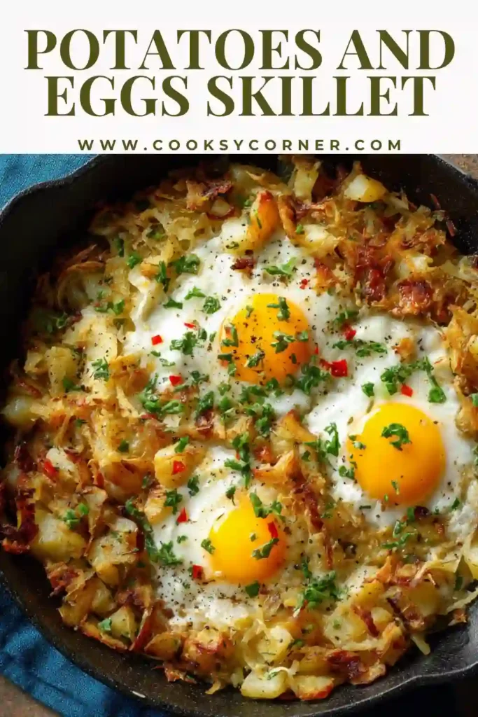 A skillet filled with crispy golden potatoes and sunny side up eggs topped with parsley and spices. This potatoes and eggs skillet looks warm and comforting.