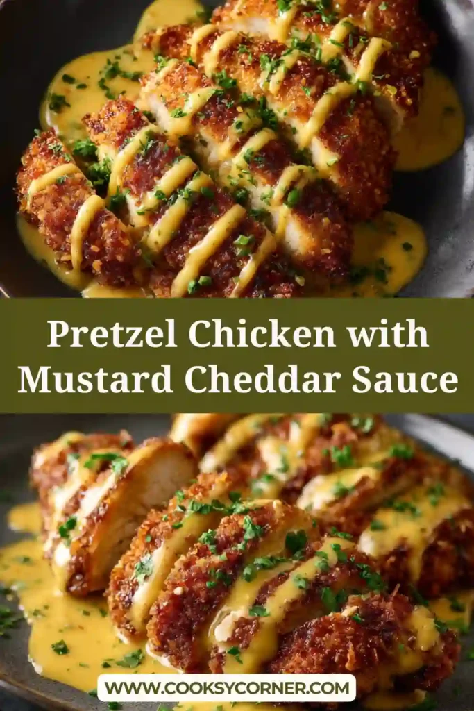 Baked pretzel chicken with crunchy coating and cheesy sauce.