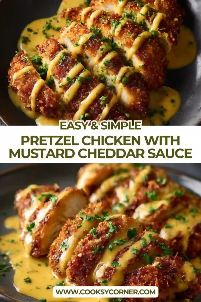 Homemade pretzel chicken topped with creamy cheddar mustard sauce.