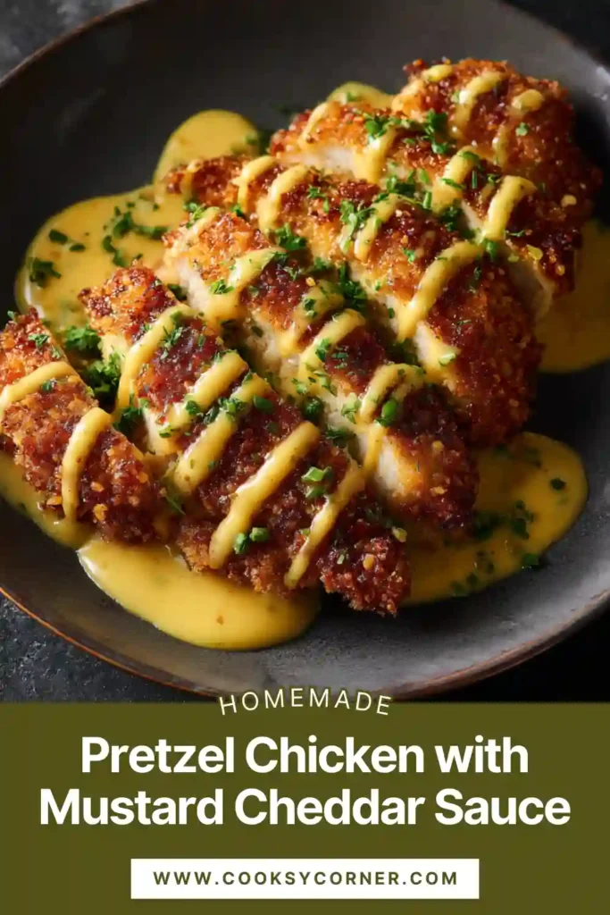 Crispy pretzel crusted chicken breast served with mustard cheddar sauce.