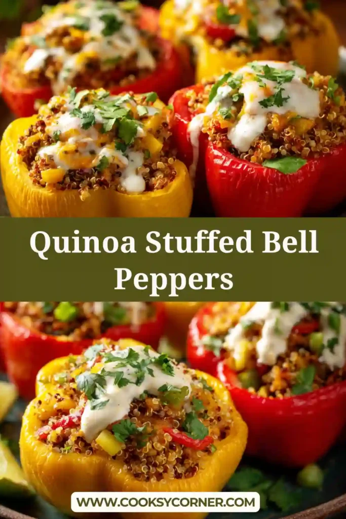 Healthy quinoa stuffed peppers garnished with avocado and cilantro.