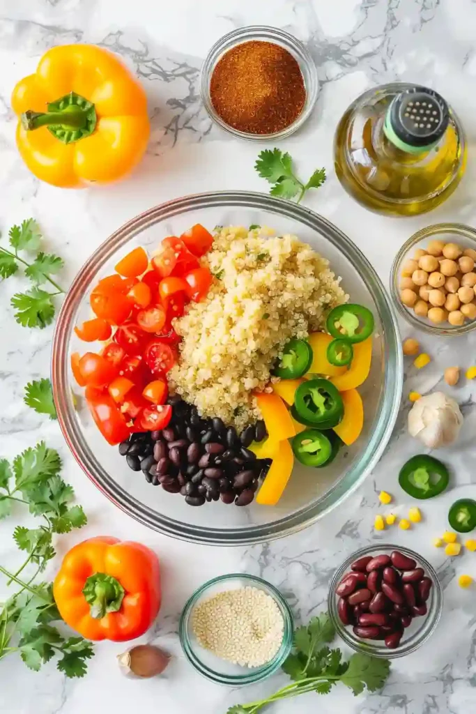 Vegetarian stuffed bell peppers filled with quinoa and vegetables in a baking dish.