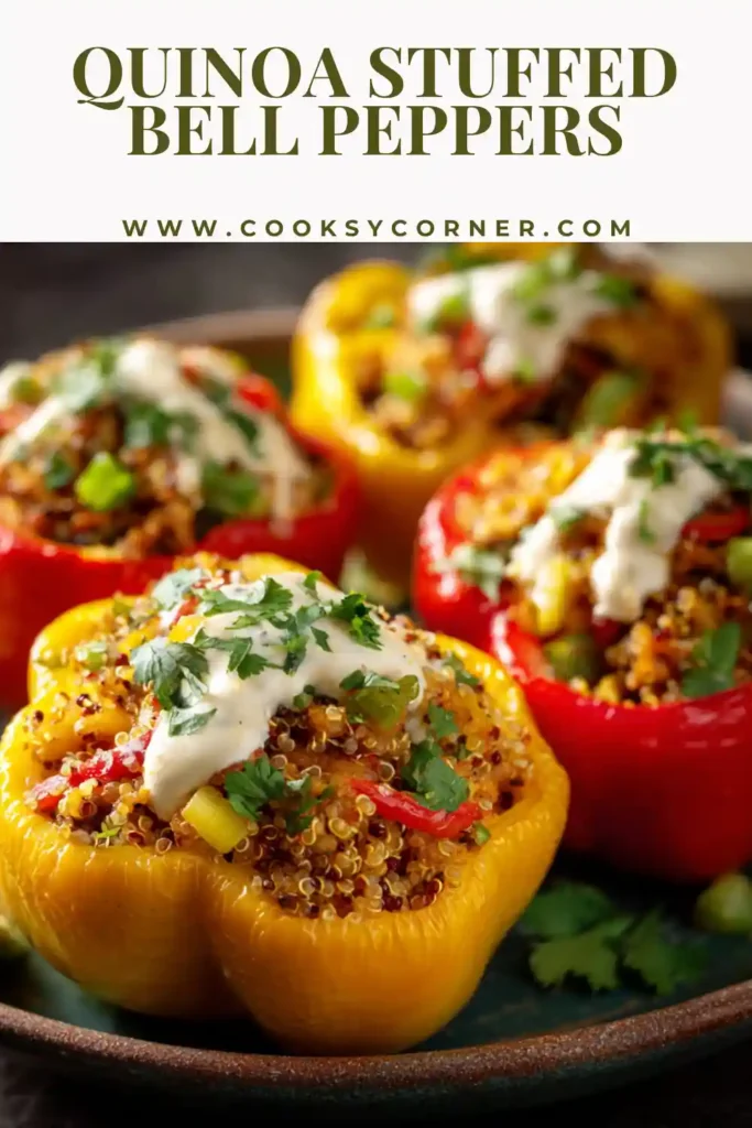 Baked bell peppers stuffed with quinoa, black beans, tomatoes, and Mexican cheese.