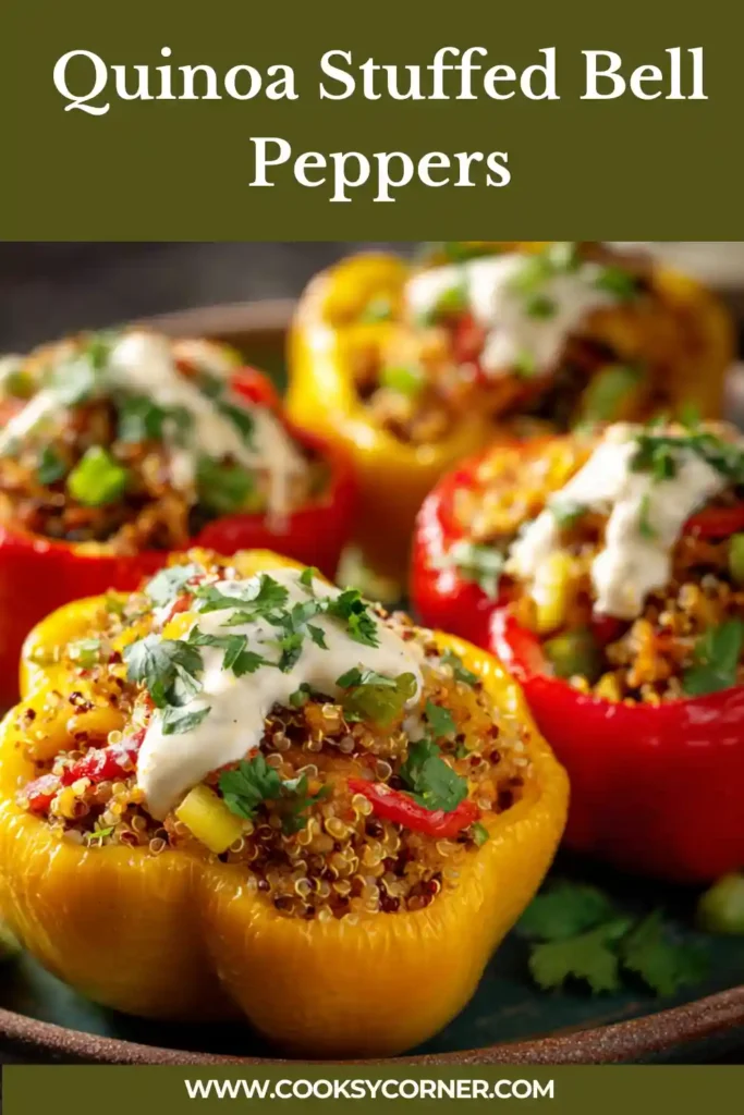 Colorful quinoa stuffed bell peppers filled with beans, corn, and vegetables topped with melted cheese.