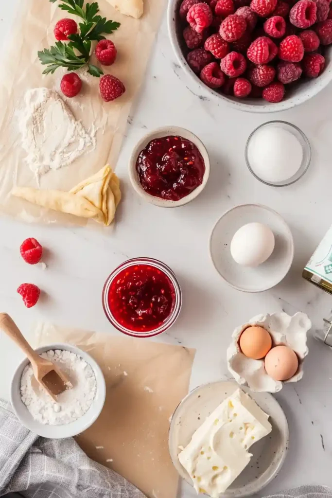 Freshly baked Raspberry Cream Cheese Bites cooling on a rack with bright raspberries on top. The pastry layers appear light, flaky, and golden.