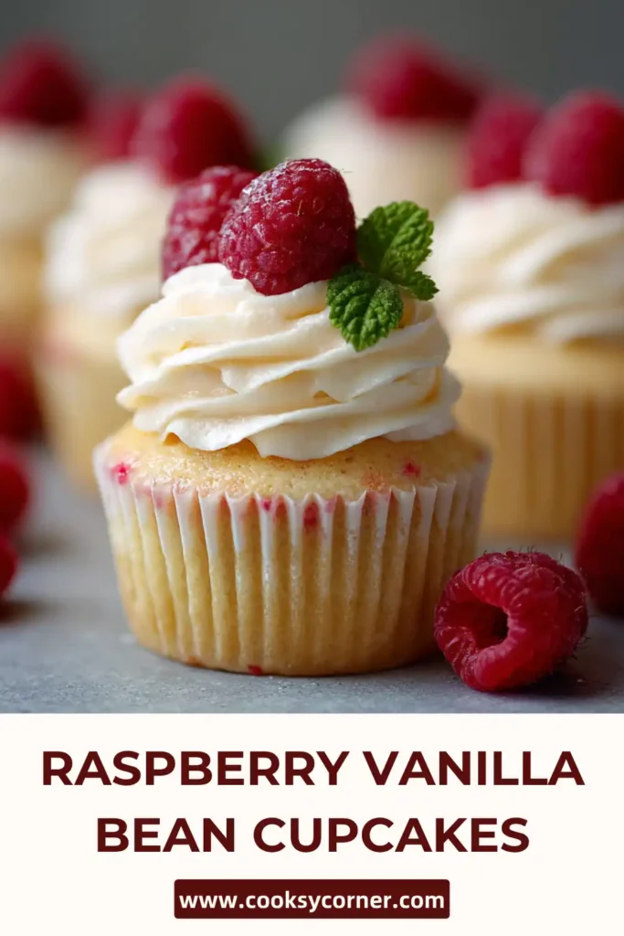 Soft raspberry vanilla bean cupcakes topped with pink raspberry frosting and fresh berries on top. The texture looks light and fluffy with a creamy swirl.