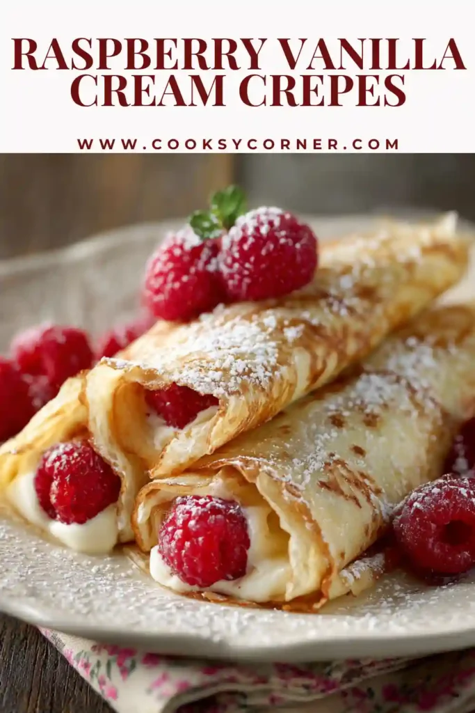 Rolled crepes with creamy filling and berry topping on a plate.