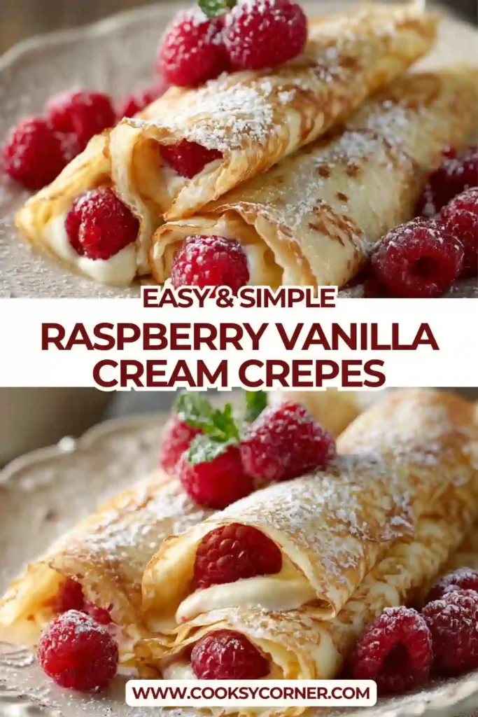 Close-up of soft crepes with vanilla cream and bright red raspberries.