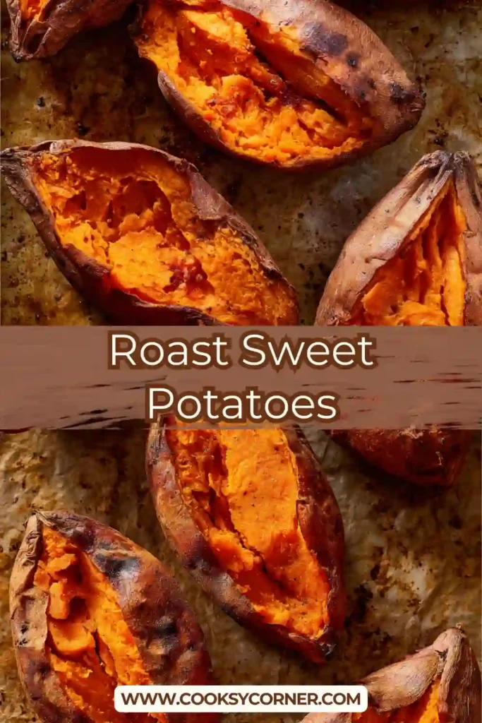 Whole roasted sweet potatoes on a baking tray in the oven.