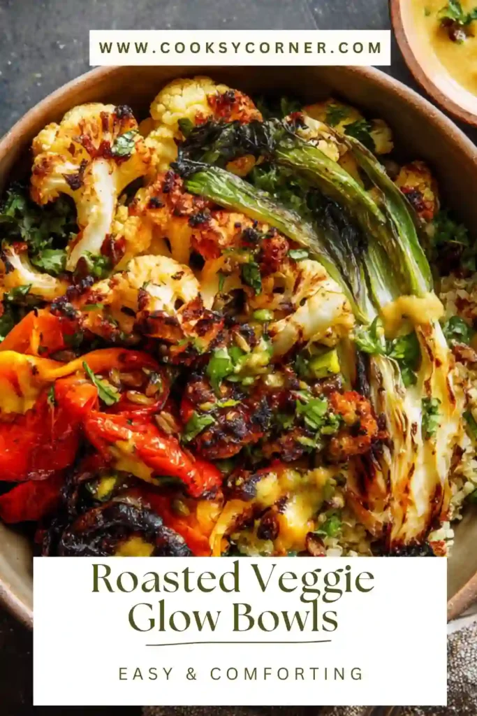 Colorful roasted veggie quinoa bowl topped with golden tahini dressing and fresh herbs.