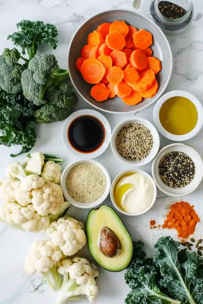 Plant-based glow bowl with roasted cauliflower, carrots, kale, avocado, and pumpkin seeds.
