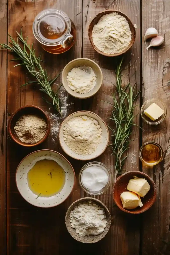 Rustic focaccia muffins with olive oil dimples, garlic pieces, and fresh rosemary ready to serve.