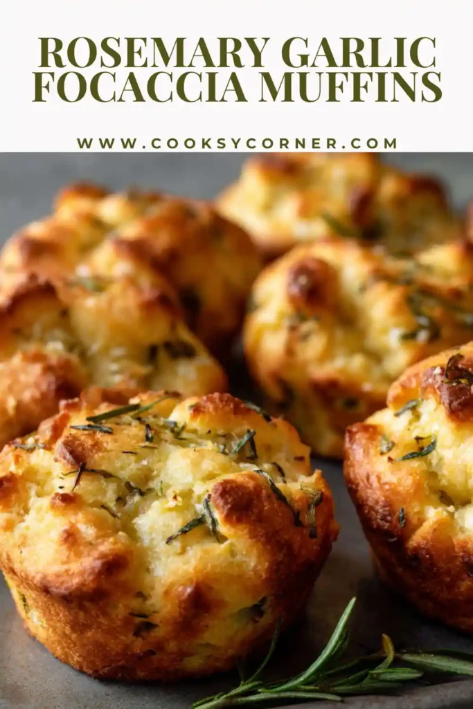 Close-up of fluffy focaccia muffins topped with rosemary and garlic, showing soft interior and crisp edges.