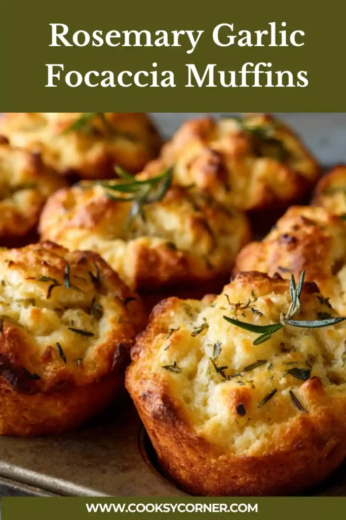 Homemade rosemary garlic focaccia muffins arranged in a tray, brushed with butter and sprinkled with finishing salt.