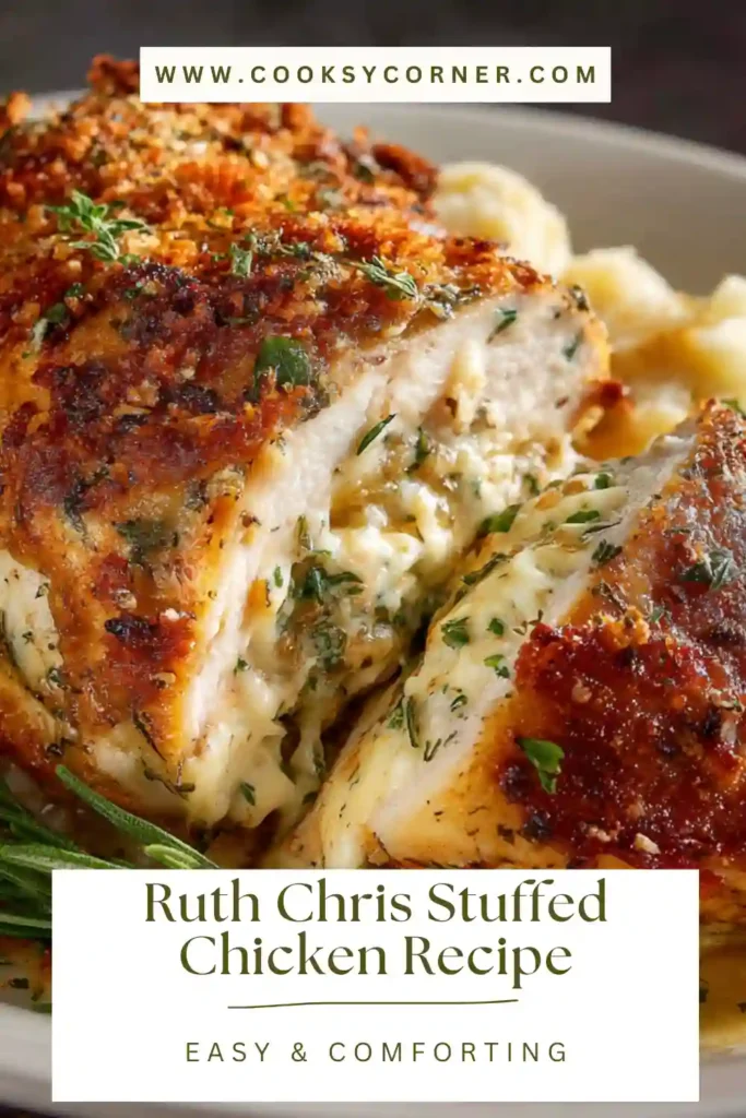 Steakhouse-style stuffed chicken breast with crispy seasoned skin and melted cheddar center.