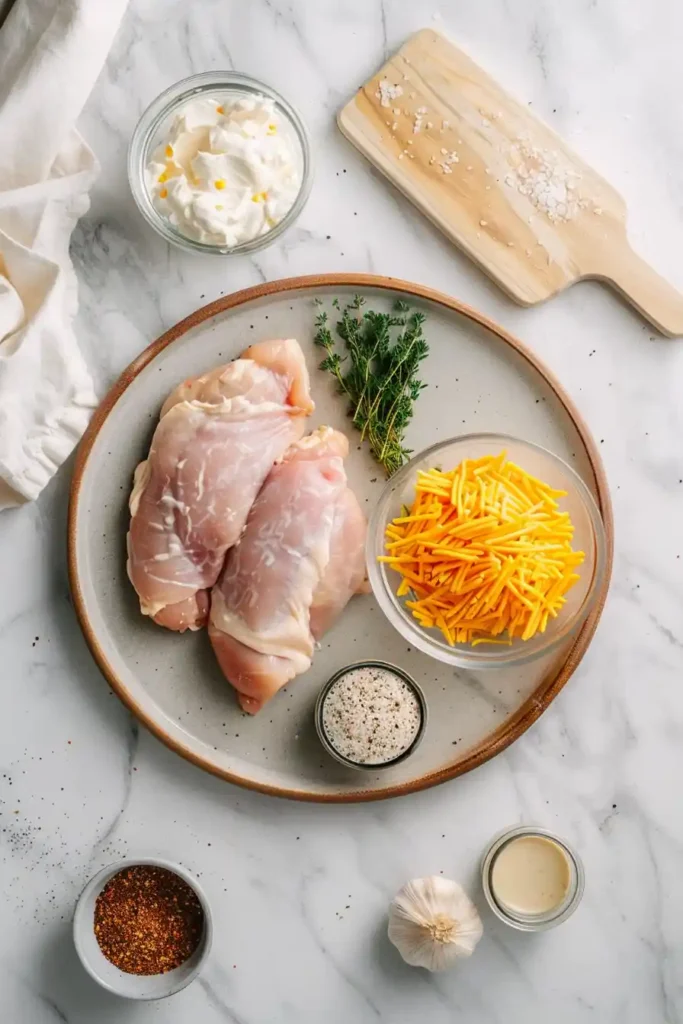 Cheesy baked stuffed chicken breast served on a white plate with herbs.