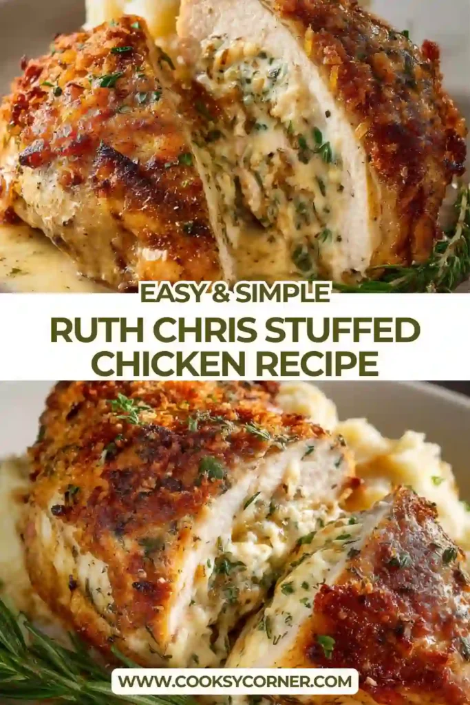 Ruth Chris Stuffed Chicken Recipe sliced open showing creamy cheese filling inside golden baked chicken breast.