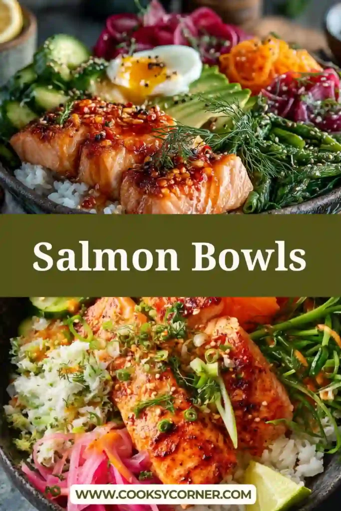 Healthy salmon bowls served with cauliflower rice, air fried salmon cubes, avocado slices, cucumber, broccoli, and green beans in a fresh balanced meal bowl.