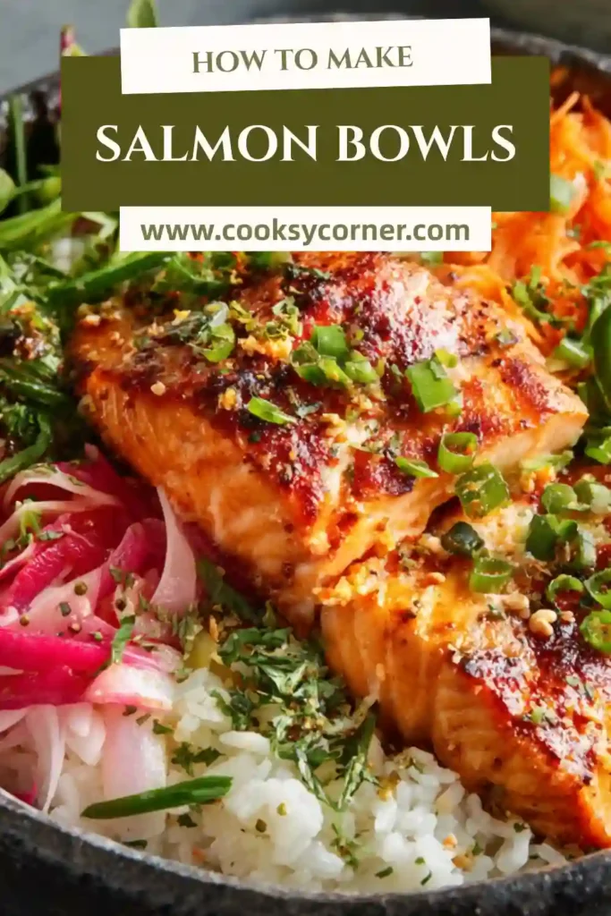 Nutritious salmon bowls featuring tender salmon cubes, avocado, cucumber, broccoli, and cauliflower rice with ginger lime dressing.