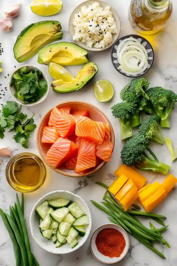 Healthy homemade salmon bowls with fresh vegetables, air fryer salmon pieces, and cauliflower rice arranged in a vibrant bowl.