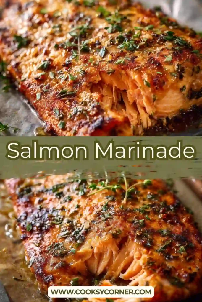 Raw salmon fillets marinating in a lemon garlic soy sauce marinade with parsley and garlic.