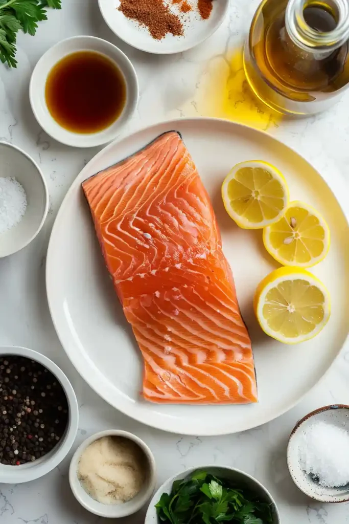 Close-up of salmon marinating in a flavorful mixture of soy sauce, honey, lemon, and garlic.
