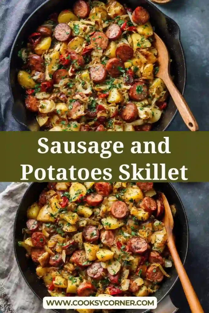 Hearty sausage potato skillet with vegetables and herbs ready to serve.